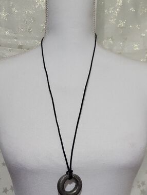 Vintage Minimalist Black Cord Necklace with Circular Pendant